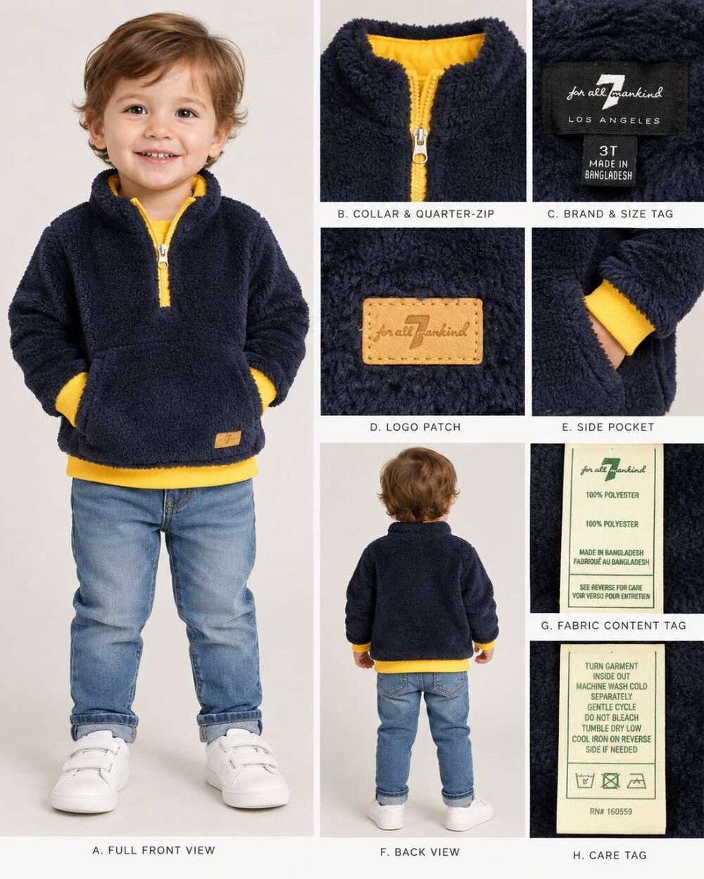 7 For All Mankind Toddler 3T Sherpa Fleece Pullover Navy & Gold Quarter Zip